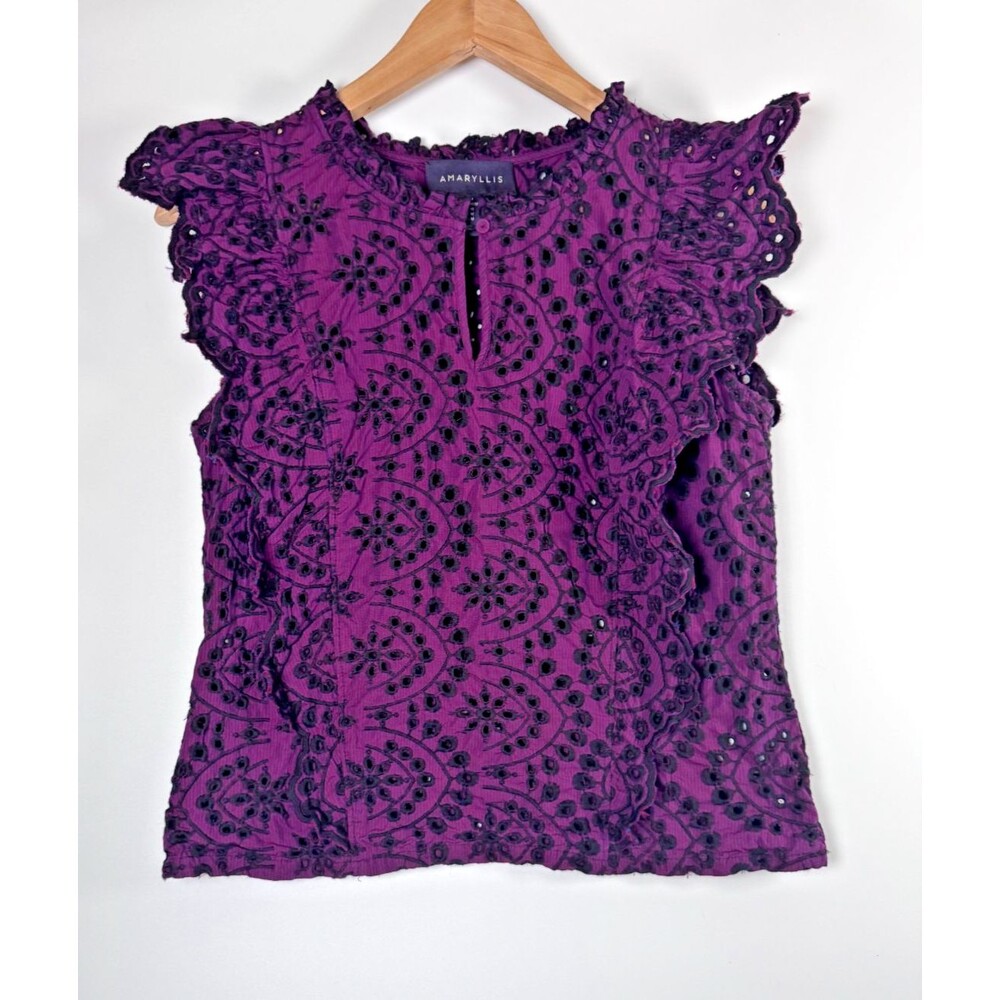 Amaryllis Blouse Womens Medium Purple Black Eyelet Embroidered Flutter Sleeve